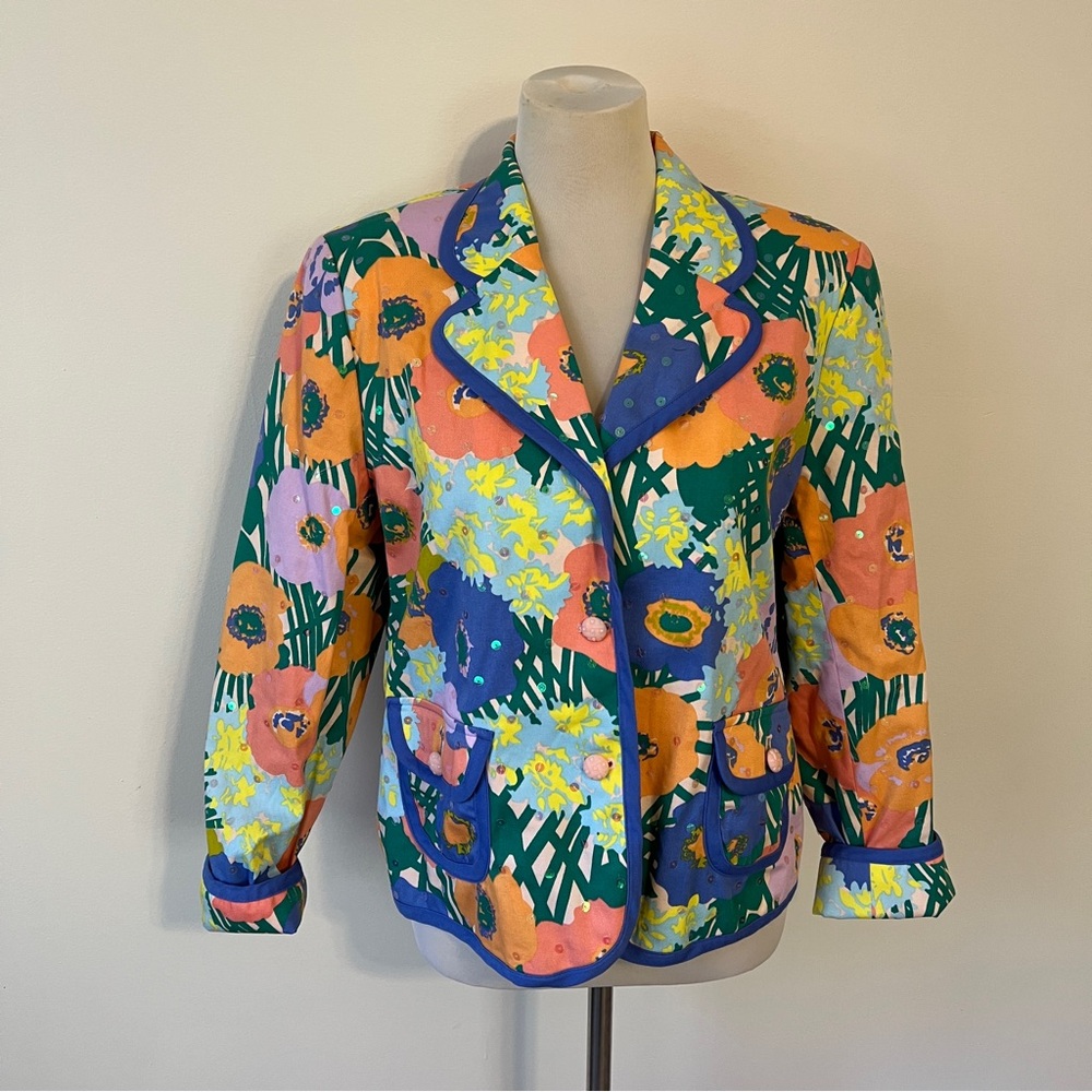 Redd Jeans Floral Sequin Blazer Periwinkle Trim Funky Statement Jacket